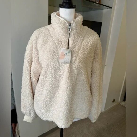 Thread & Supply Ivory Sherpa Pullover Sweater, Half-Zip, Lined, Medium, New - Picture 1 of 5